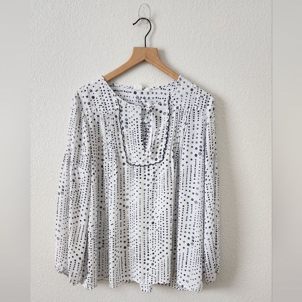 GAP Women's L White Blue Floral Peasant Casual Office Lightweight Flowy Blouse